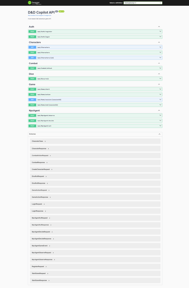 Swagger con los endpoints del juego y del agente NPC